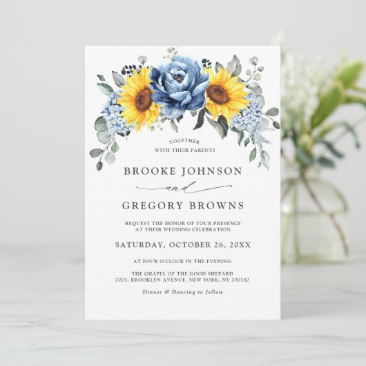 Sonnenblume Dusty Blue Slate Peony Floral Wedding Einladung (Stehend Vorderseite)