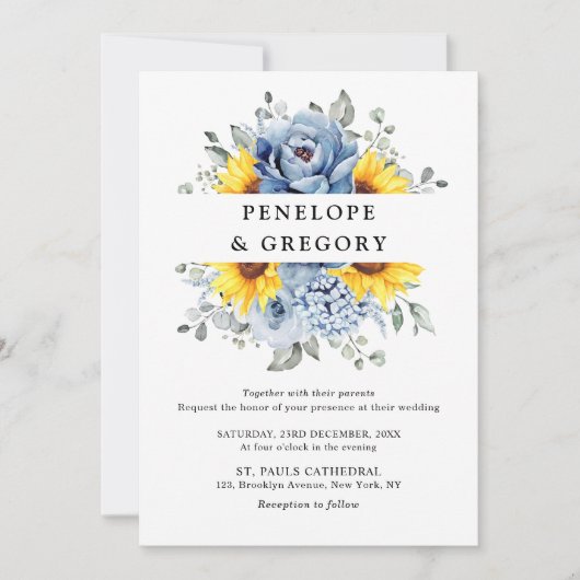 Sonnenblume Dusty Blue Slate Peony Floral Wedding Einladung (Vorderseite)