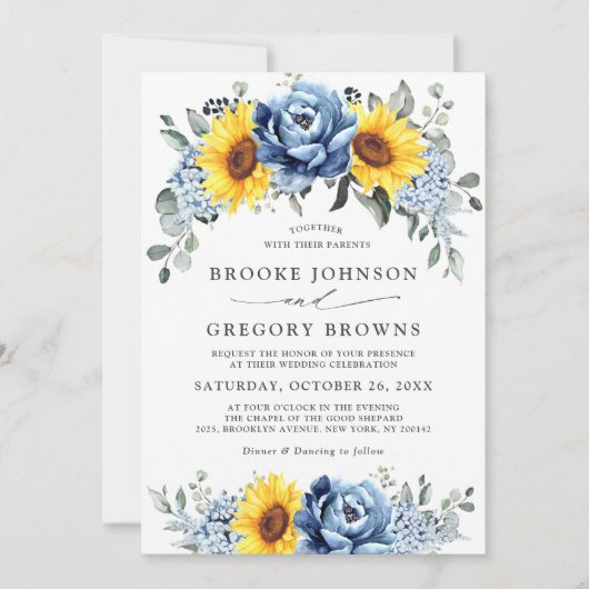 Sonnenblume Dusty Blue Slate Peony Floral Wedding Einladung (Vorderseite)