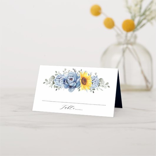 Sonnenblume Dusty Blue Slate Peony Floral Wedding Platzkarte (Vorderseite)