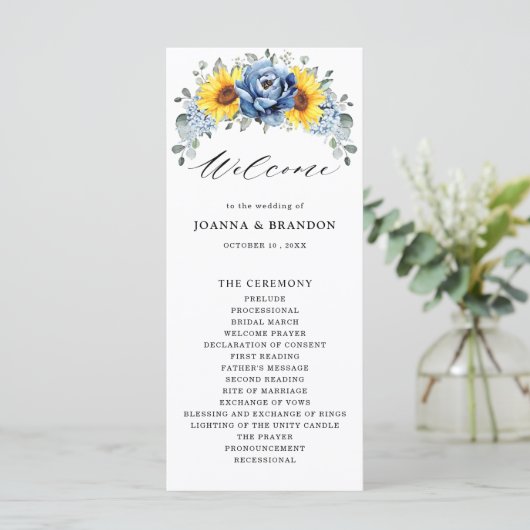 Sonnenblume Dusty Blue Slate Peony Floral Wedding Programm (Stehend Vorderseite)