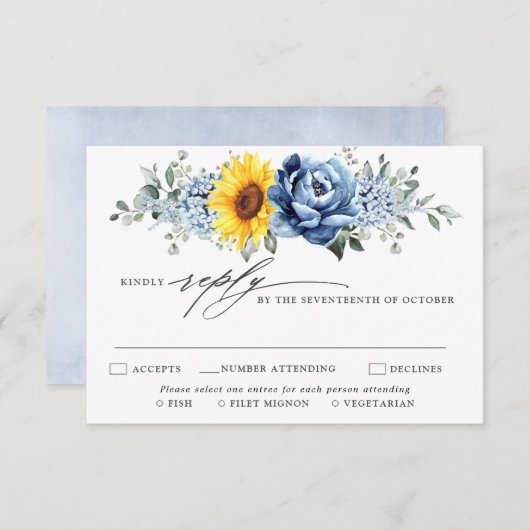 Sonnenblume Dusty Blue Slate Peony Floral Wedding RSVP Karte (Vorne/Hinten)