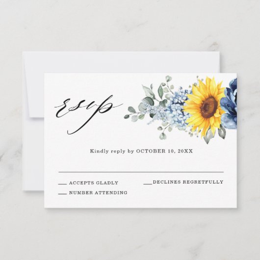 Sonnenblume Dusty Blue Slate Peony Floral Wedding RSVP Karte (Vorderseite)