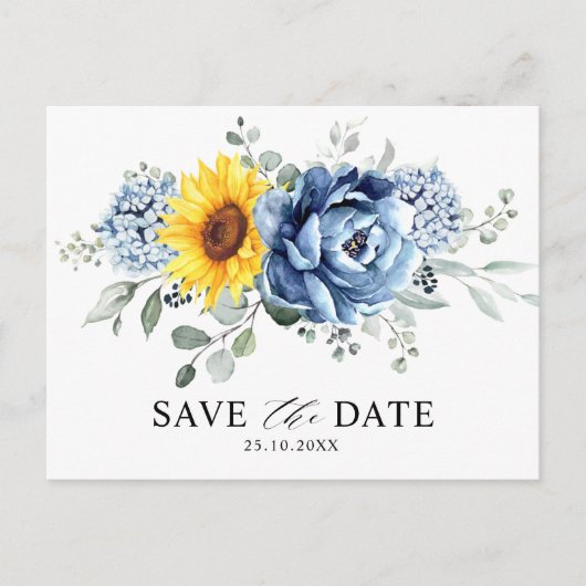Sonnenblume Dusty Blue Slate Peony Save the Date Postkarte (Vorderseite)