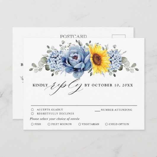 Sonnenblume Dusty Blue Slate Peony Wedding RSVP Postkarte (Vorne/Hinten)