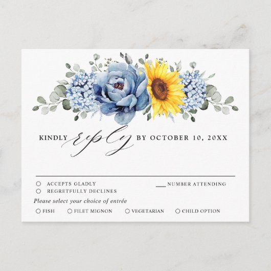 Sonnenblume Dusty Blue Slate Peony Wedding RSVP Postkarte (Vorderseite)