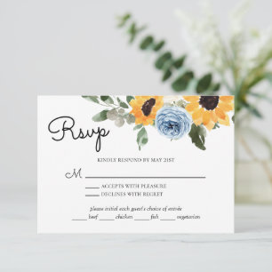 Sonnenblume Dusty Blue Wedding mit Mahlzeit RSVP Karte