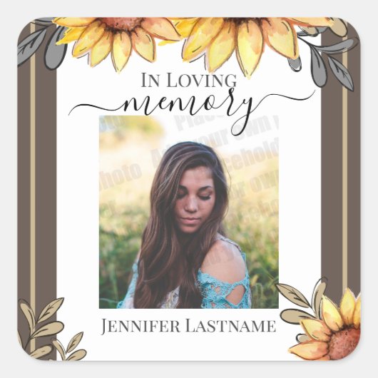 Sonnenblume Einfaches Foto Beerdigung Keepake Quadratischer Aufkleber (Vorderseite)