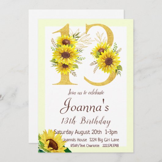Sonnenblume Einladung zum Geburtstag, 13. Geburtst (Vorne/Hinten)