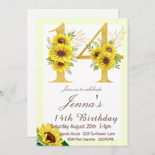 Sonnenblume Einladung zum Geburtstag, 14. Geburtst (Vorne/Hinten)