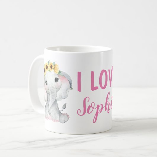 Sonnenblume Elefant Individuelle Name Tasse Gelb (Vorderseite Links)