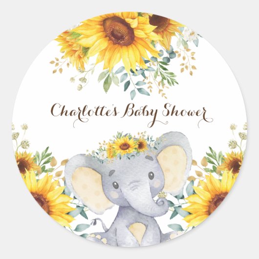 Sonnenblume Elephant Summer Birthday Baby Dusche Runder Aufkleber (Vorderseite)