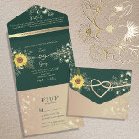 Sonnenblume Emerald Green Wedding All In One Einladung<br><div class="desc">Feiern Sie Ihre Sommerhochzeit stilvoll mit dieser eleganten smaragdgrünen und goldenen Einladung mit goldenen Sonnenblumen, botanischen Akzenten und einem herzförmigen Seilmonogramm. Der tiefgrüne Hintergrund bildet einen feinen Kontrast zum weichen beigen UAWG, während die Rückklappe Monogramm-Initialen und zarte Blumendetails enthält. Ein strahlendes und romantisches Design für rustikale Hochzeiten, Sonnenblumen oder Hochzeiten...</div>