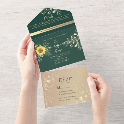 Sonnenblume Emerald Green Wedding All In One Einladung (Abreißen)