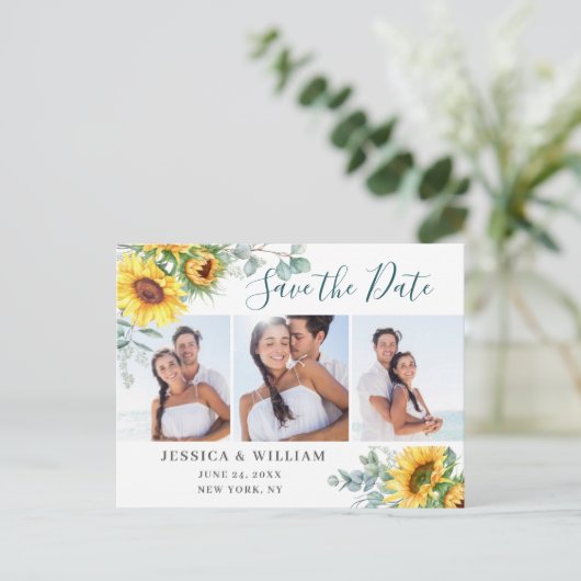 Sonnenblume Eukalyptus 3 FOTO Hochzeitssache Datum Postkarte (Stehend Vorderseite)
