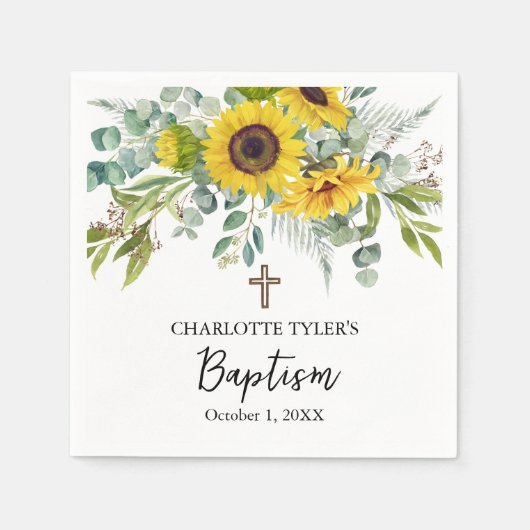 Sonnenblume & Eukalyptus Boho Kreuz Taufgeschenk Serviette (Vorderseite)