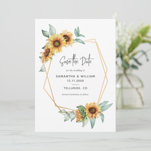 Sonnenblume Eukalyptus Geometric Save The Date (Stehend Vorderseite)
