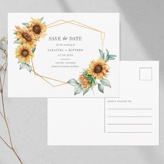 Sonnenblume Eukalyptus Geometric Save the Date Ankündigungspostkarte