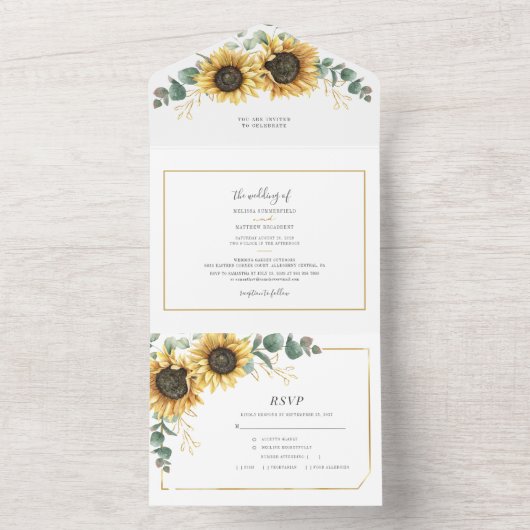 Sonnenblume Eukalyptus Geometric Script Wedding All In One Einladung (Innen Boden)
