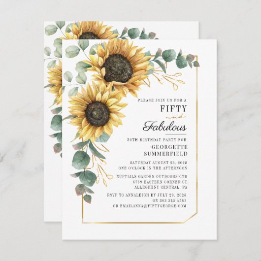 Sonnenblume Eukalyptus Greenery Script 50. Geburts Einladung (Vorne/Hinten)