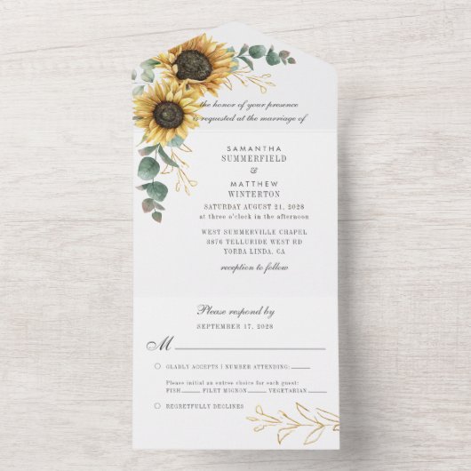 Sonnenblume Eukalyptus Grüne Hochzeit All In One Einladung (Innen Boden)