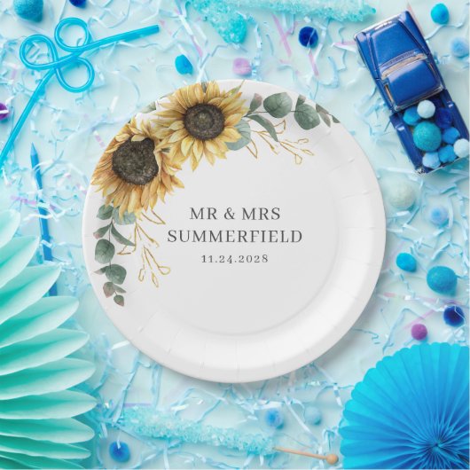 Sonnenblume Eukalyptus Grüne Hochzeit Pappteller (Party)