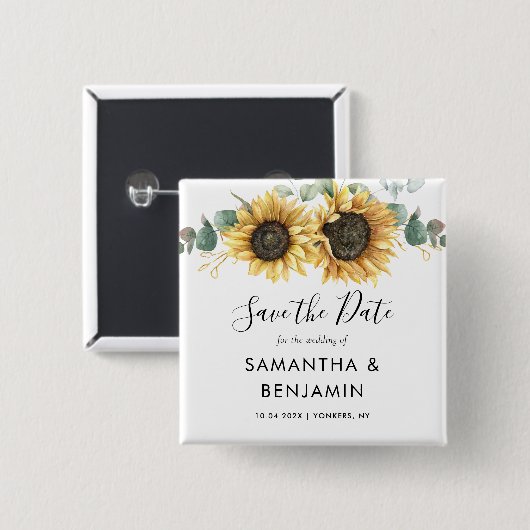 Sonnenblume Eukalyptus-SkriptWedding Save the Date Button (Vorne & Hinten)