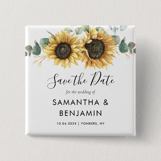 Sonnenblume Eukalyptus-SkriptWedding Save the Date Button (Vorderseite)