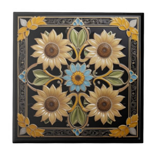 Sonnenblume Faux-Relief-Folk-Art Gelb und Schwarz Fliese