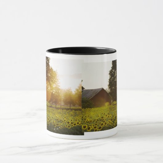 Sonnenblume-Feld am Sonnenuntergang mit einer Tasse (Zentrum)