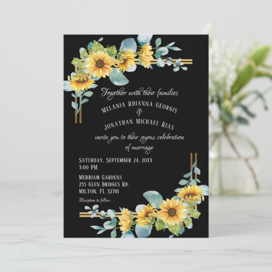 Sonnenblume Flat Wedding Einladung (schwarz) (Stehend Vorderseite)