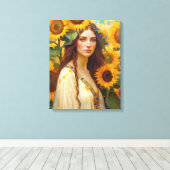 Sonnenblume Frau mit Wildblume Haar Kranz Leinwanddruck (Insitu (Holzboden))
