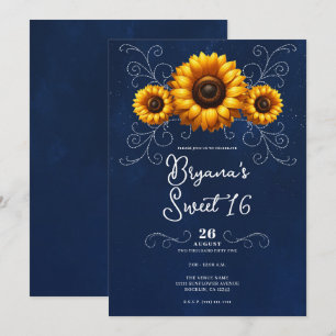 Sonnenblume Funkeln Blau Rustikaler Glamour Süß 16 Einladung