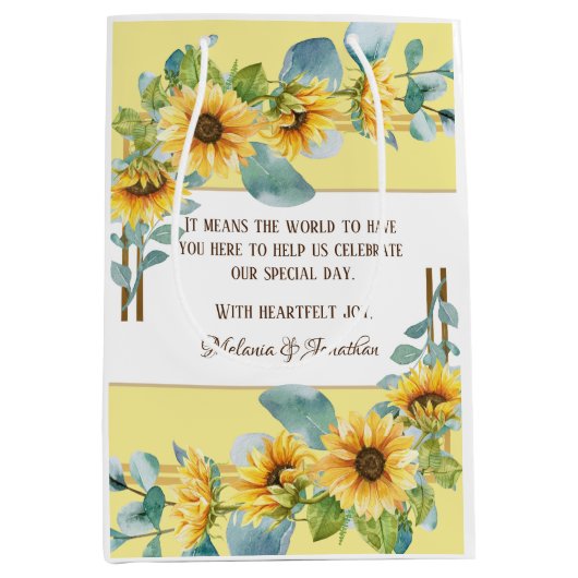 Sonnenblume Gastgeschenk Hochzeit oder Begrüßungsb Mittlere Geschenktüte (Vorderseite)