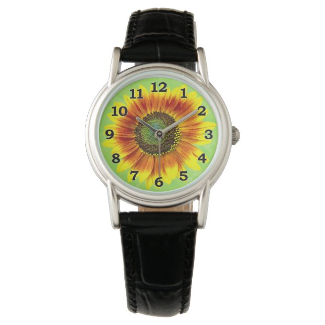 Sonnenblume, geblümt Gelb und Grün Blume Armbanduhr (Vorderseite)