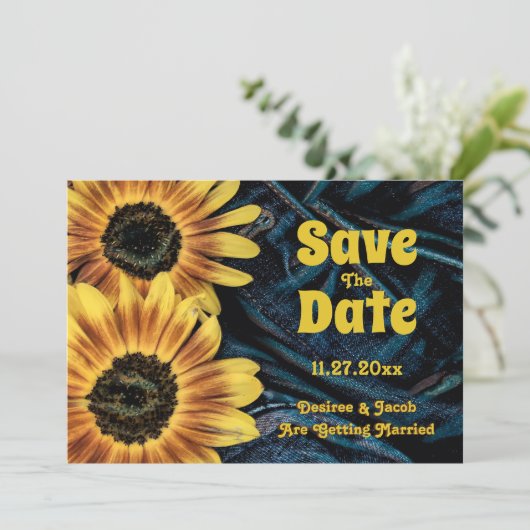 Sonnenblume Gelb Rustikaler Blauer Denim Save the  Save The Date (Stehend Vorderseite)