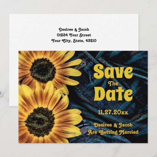 Sonnenblume Gelb Rustikaler Blauer Denim Save the  Save The Date (Vorne/Hinten)