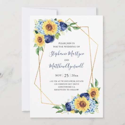 Sonnenblume Geometric Dusty Blue Floral Wedding Einladung (Vorderseite)