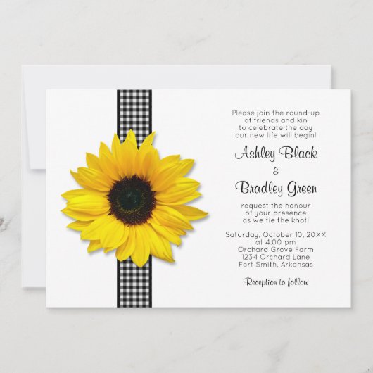 Sonnenblume Gingham Karo Ribbon Wedding Einladung (Vorderseite)