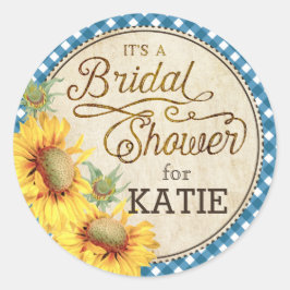 Sonnenblume Gingham Karo Rustikales Brautparty Lab Runder Aufkleber