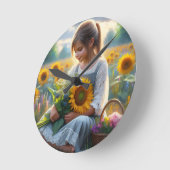 Sonnenblume Girl Runde Wanduhr (Winkel)