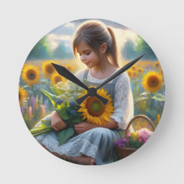 Sonnenblume Girl Runde Wanduhr