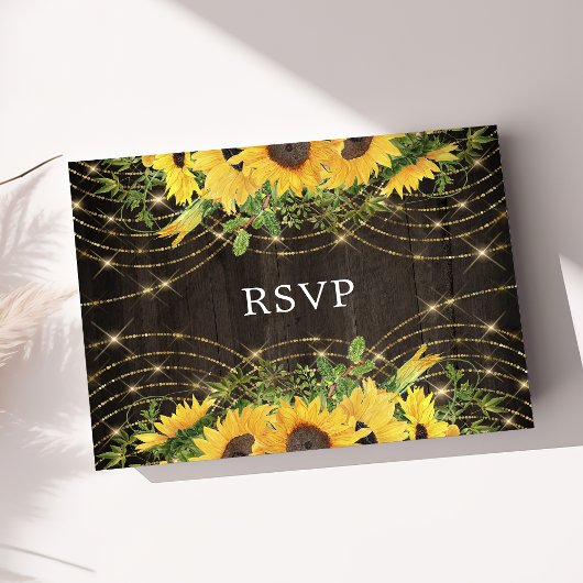 Sonnenblume Gold String Lights Rustic Wedding RSVP Postkarte