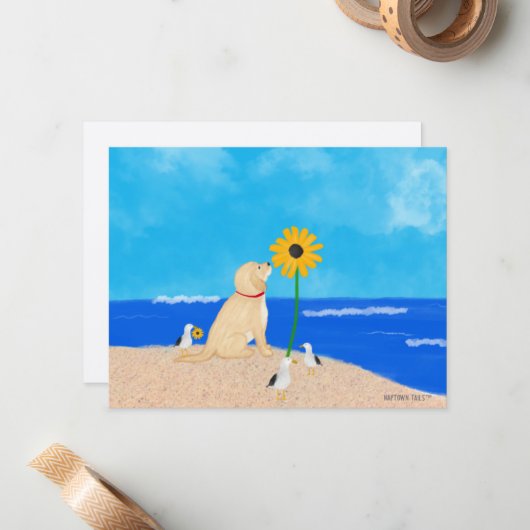 Sonnenblume Golden Retriever am Strand Note Card Mitteilungskarte (Vorderseite/Rückseite Beispiel)