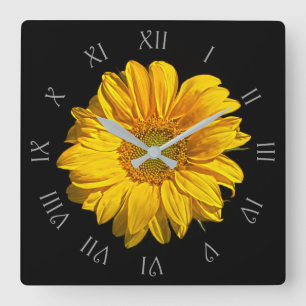 Sonnenblume Graue Schrift Römische Zahlen Fußbal Quadratische Wanduhr