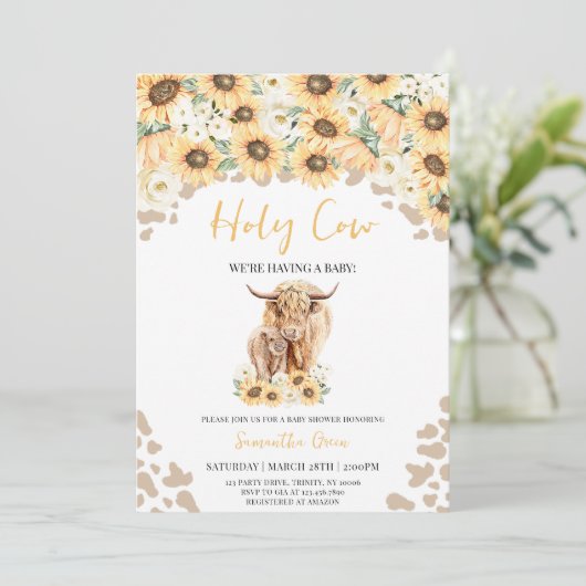 Sonnenblume Heilige Kuh Baby Dusche Einladung (Stehend Vorderseite)