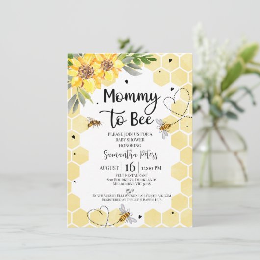 Sonnenblume Herz Mommy zu Bee Baby Dusche Einladung (Stehend Vorderseite)