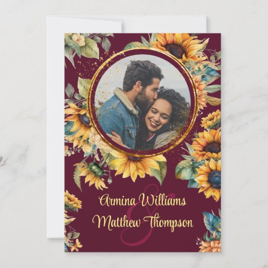 Sonnenblume Hochzeit Burgundy Alles in einem Foto Einladung (Vorderseite)