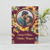 Sonnenblume Hochzeit Burgundy Alles in einem Foto Einladung (Stehend Vorderseite)