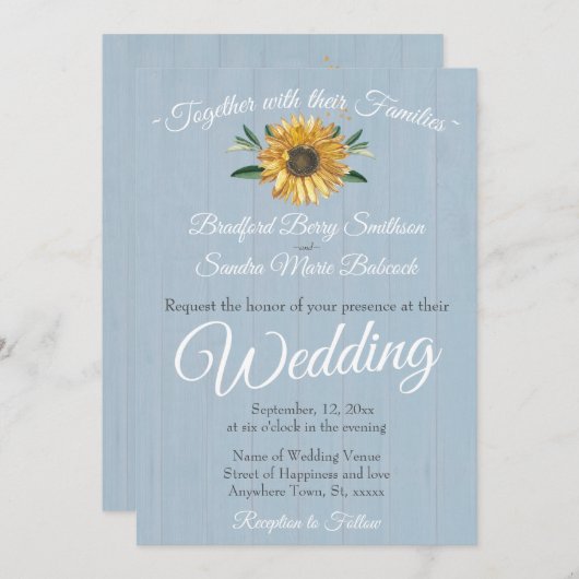 Sonnenblume Hochzeit rustikale Dusty Blue Barn Woo Einladung (Vorne/Hinten)